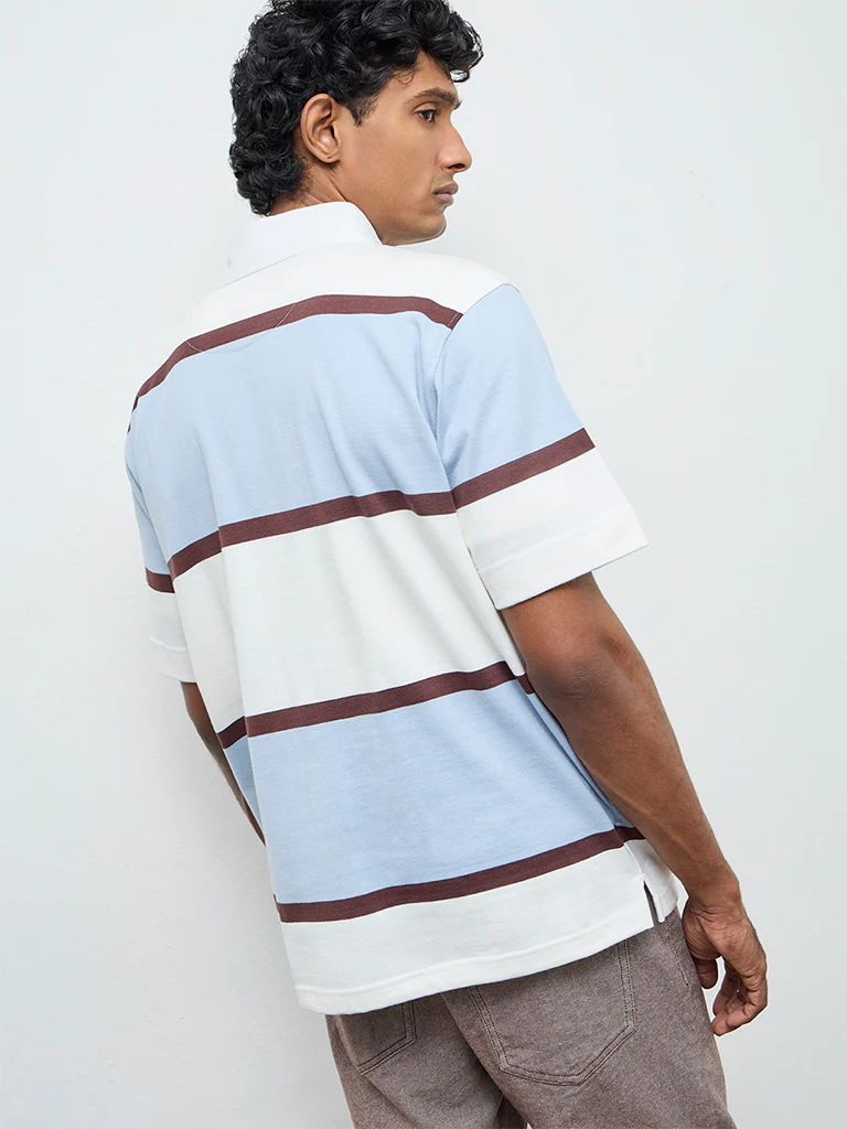 WES Casuals Light Blue Striped Relaxed Fit Polo T-Shirt - Image 5