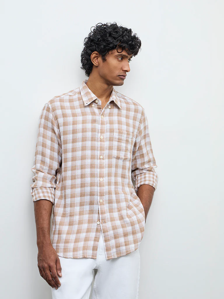WES Casuals Light Brown Checked Relaxed Fit Cotton Shirt - Image 2