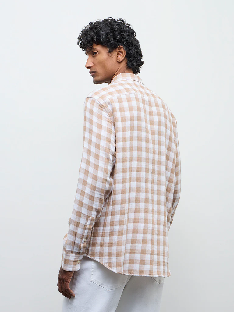 WES Casuals Light Brown Checked Relaxed Fit Cotton Shirt - Image 4