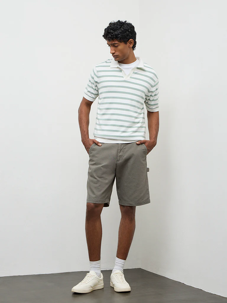 WES Casuals Light Green Striped Relaxed-Fit Cotton T-Shirt - Image 3