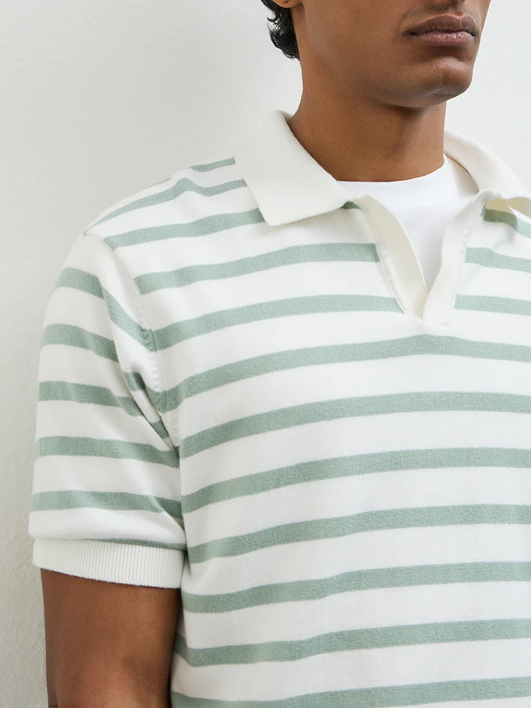 WES Casuals Light Green Striped Relaxed-Fit Cotton T-Shirt - Image 4