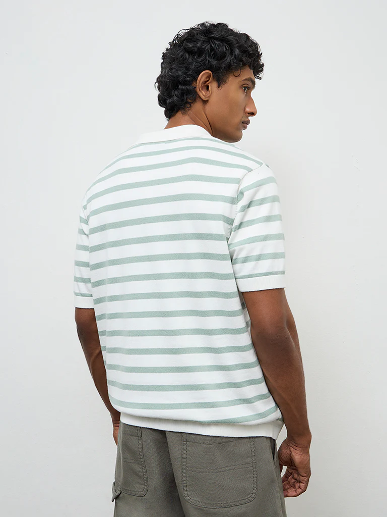 WES Casuals Light Green Striped Relaxed-Fit Cotton T-Shirt - Image 5