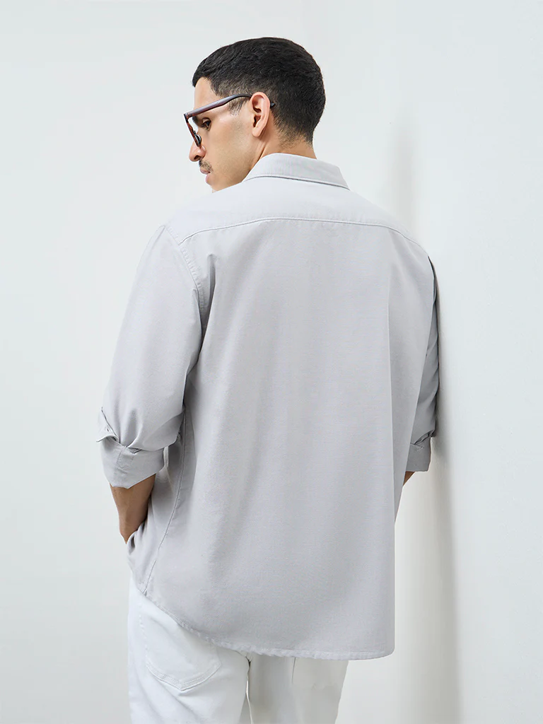 WES Casuals Light Grey Solid Relaxed-Fit Cotton Shirt - Image 5