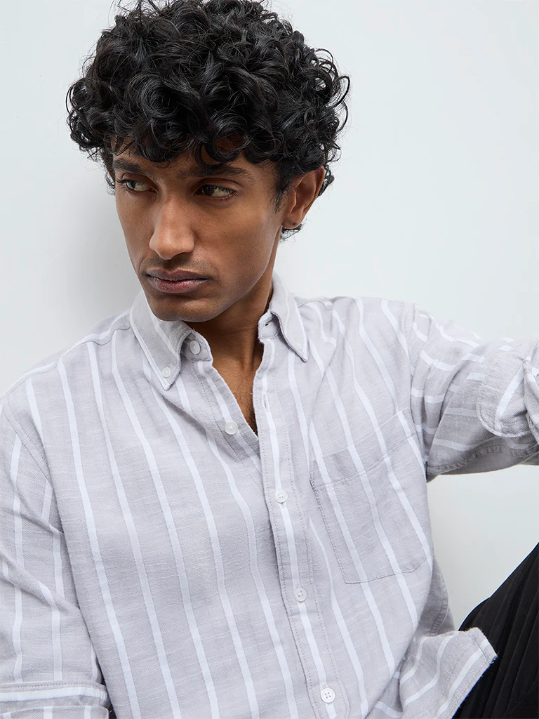 WES Casuals Light Grey Textured Relaxed Fit Cotton Shirt - Image 3