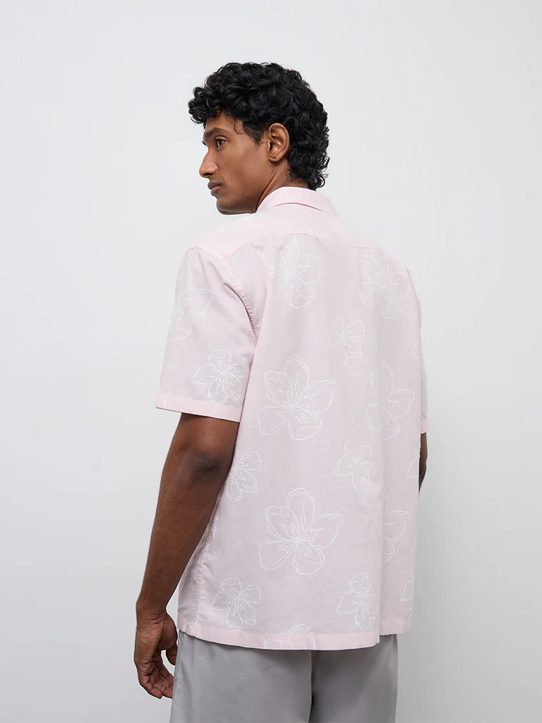 WES Casuals Light Pink Floral Relaxed-Fit Cotton-Blend Shirt - Image 4