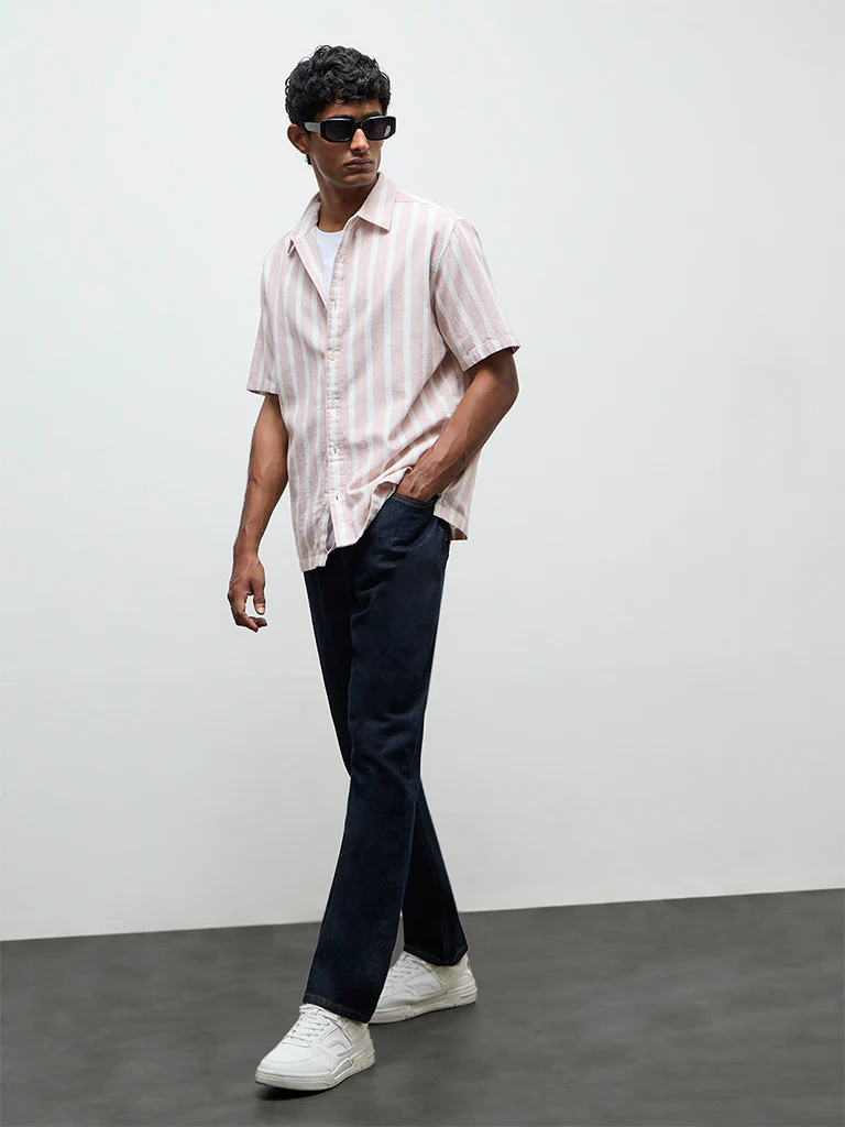 WES Casuals Light Pink Striped Relaxed-Fit Cotton Shirt - Image 3