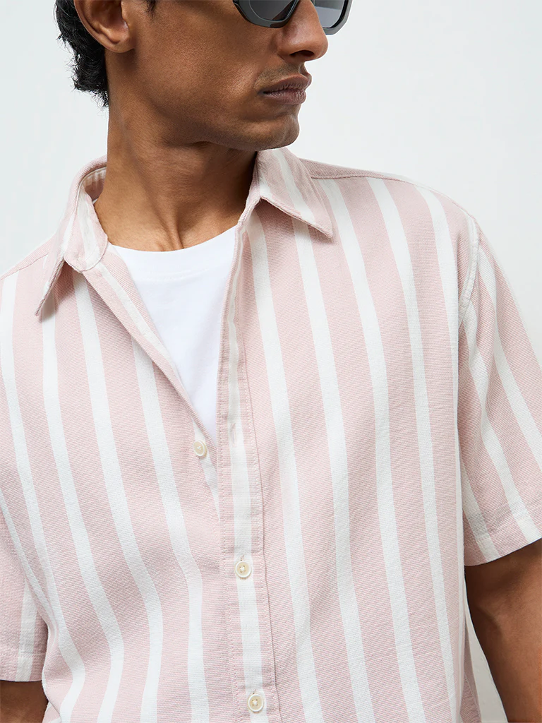 WES Casuals Light Pink Striped Relaxed-Fit Cotton Shirt - Image 4