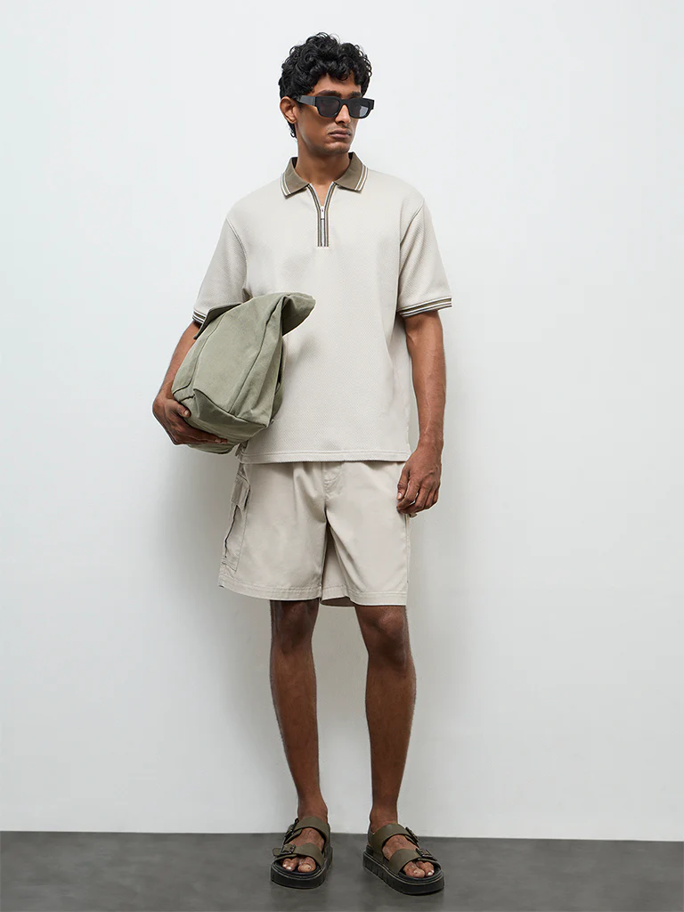 WES Casuals Light Taupe Relaxed-Fit Cotton-Blend Polo T-Shirt