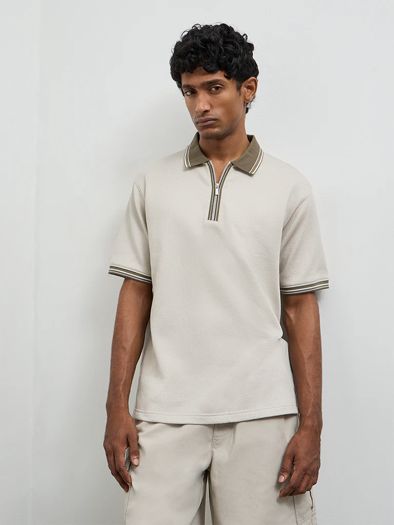 WES Casuals Light Taupe Relaxed-Fit Cotton-Blend Polo T-Shirt - Image 3