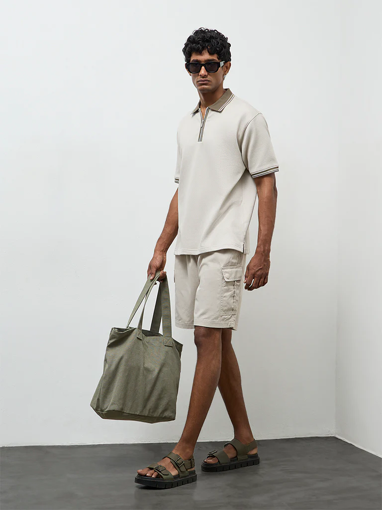 WES Casuals Light Taupe Relaxed-Fit Mid-Rise Cotton Shorts
