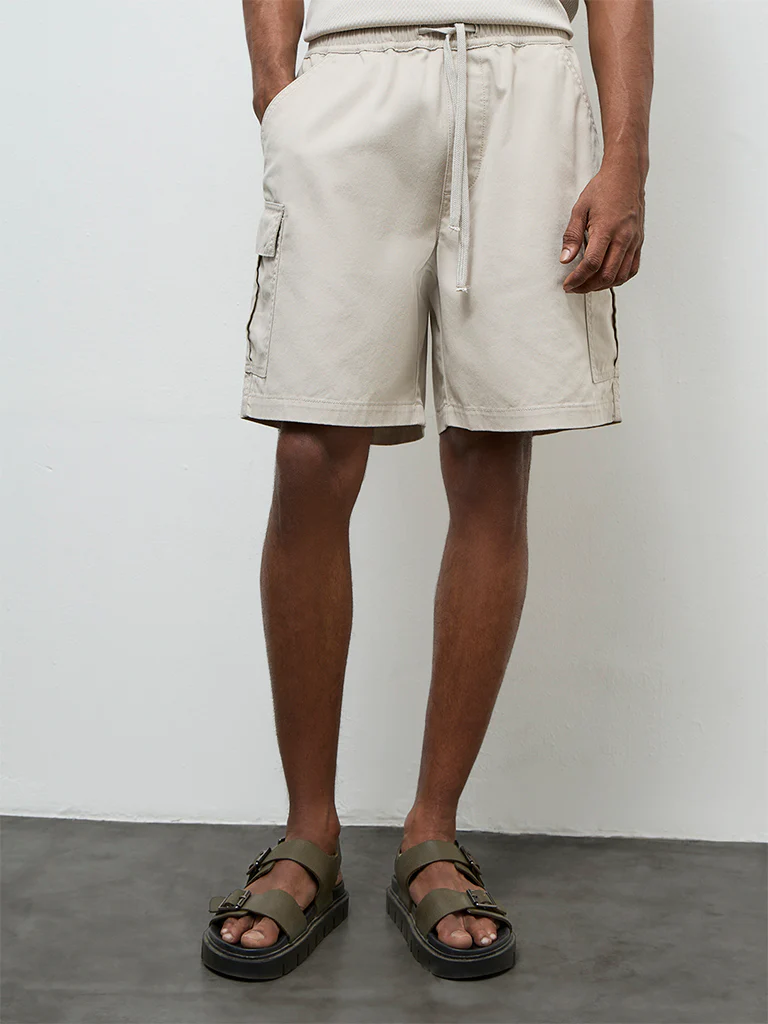 WES Casuals Light Taupe Relaxed-Fit Mid-Rise Cotton Shorts - Image 3