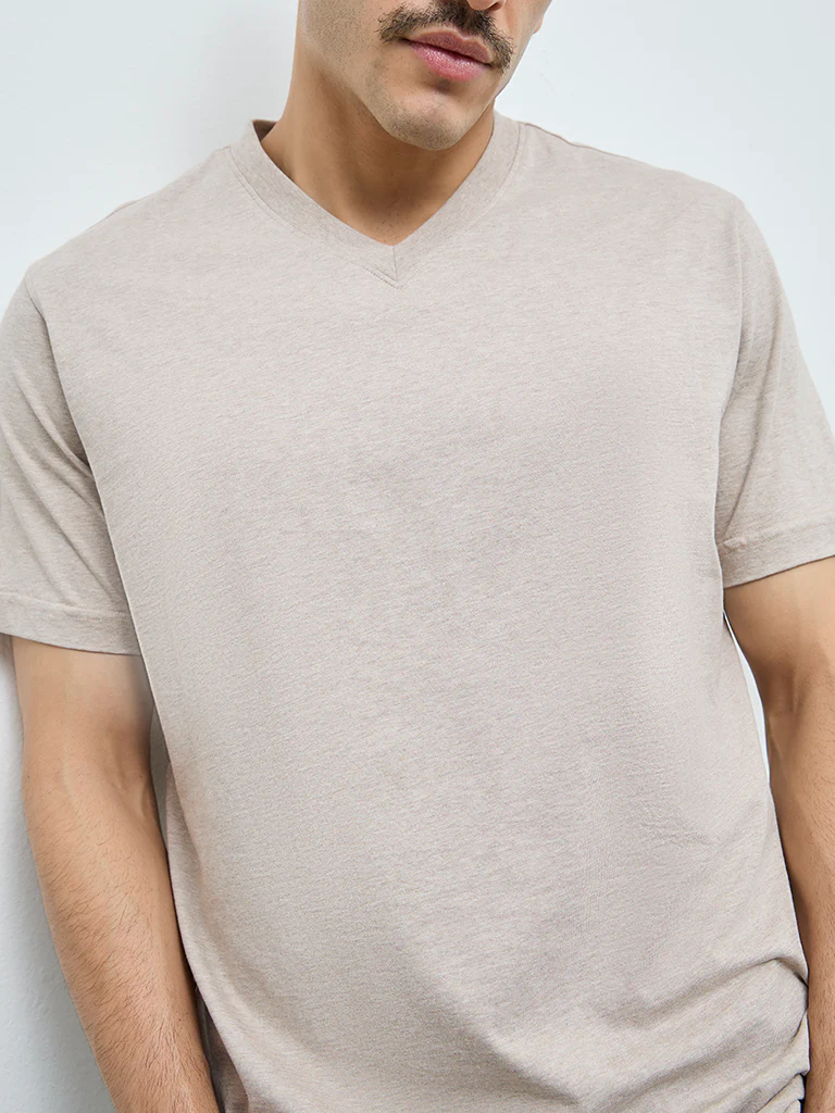 WES Casuals Light Taupe Slim-Fit Cotton T-Shirt - Image 4