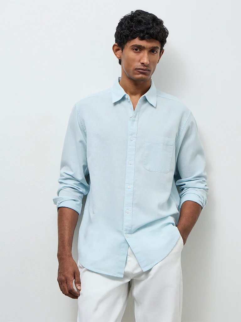 WES Casuals Light Teal Relaxed Fit Cotton-Blend Shirt