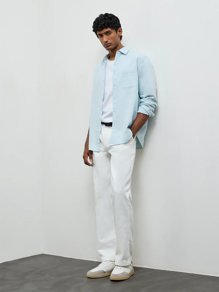 WES Casuals Light Teal Relaxed Fit Cotton-Blend Shirt - Image 3
