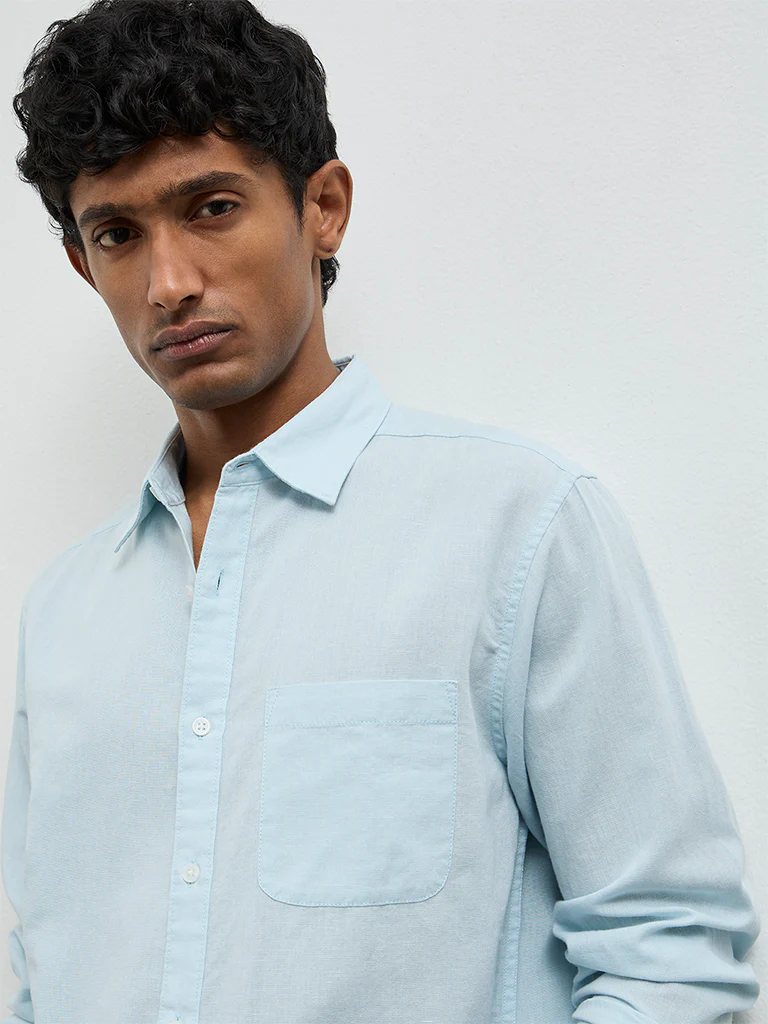 WES Casuals Light Teal Relaxed Fit Cotton-Blend Shirt - Image 4