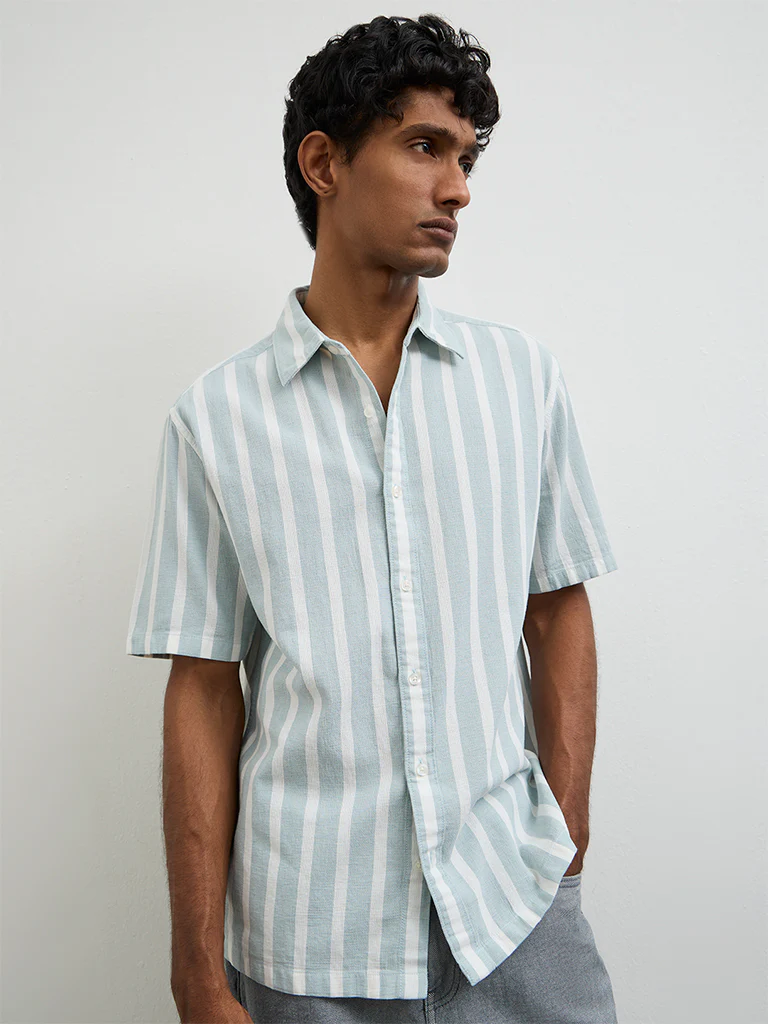 WES Casuals Light Teal Striped Relaxed-Fit Cotton Shirt - Image 3