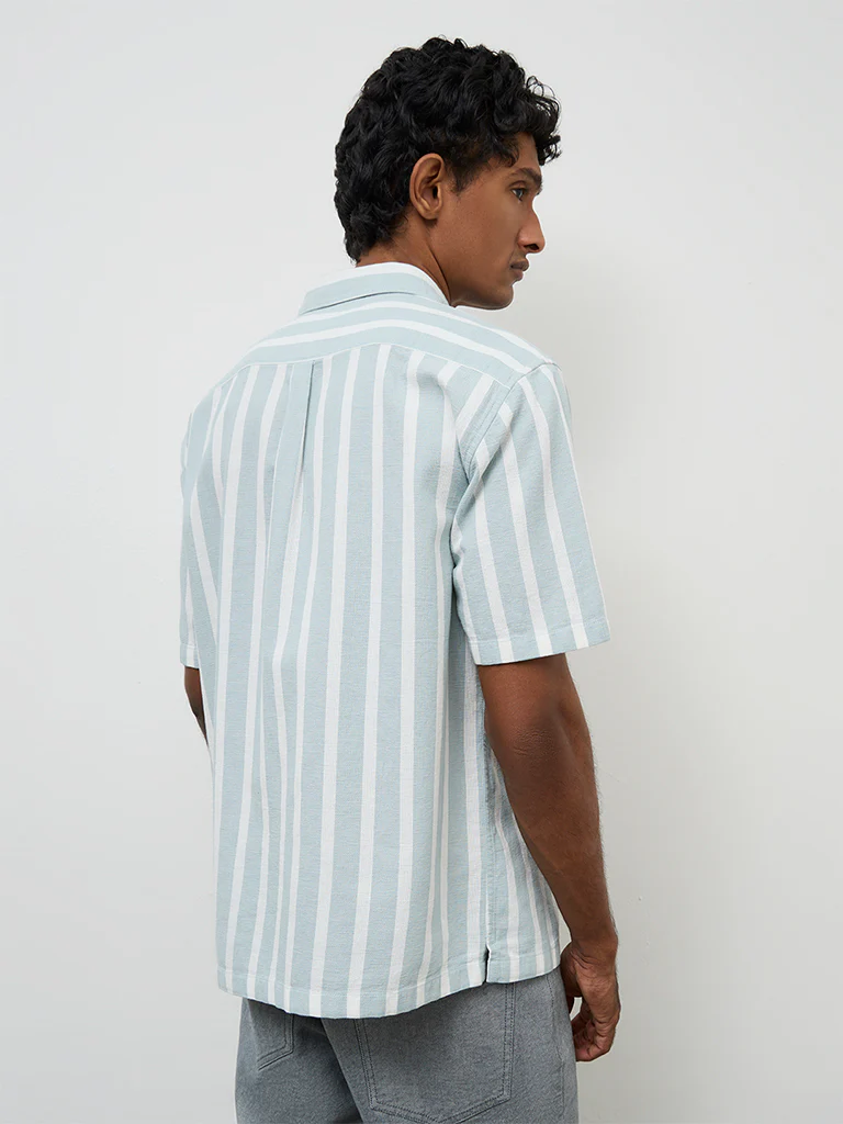 WES Casuals Light Teal Striped Relaxed-Fit Cotton Shirt - Image 5