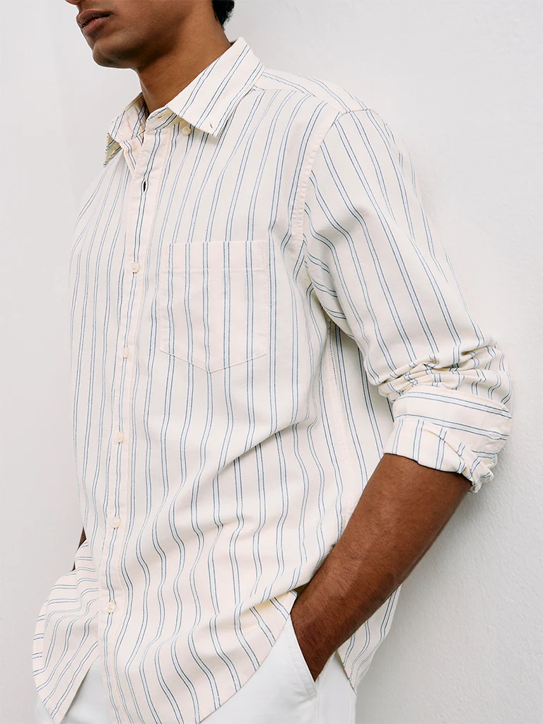 WES Casuals Light Yellow Striped Relaxed-Fit Cotton Shirt - Image 3
