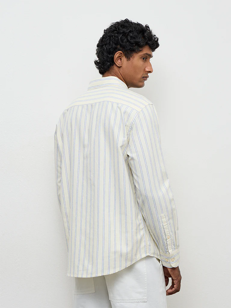 WES Casuals Light Yellow Striped Relaxed-Fit Cotton Shirt - Image 4