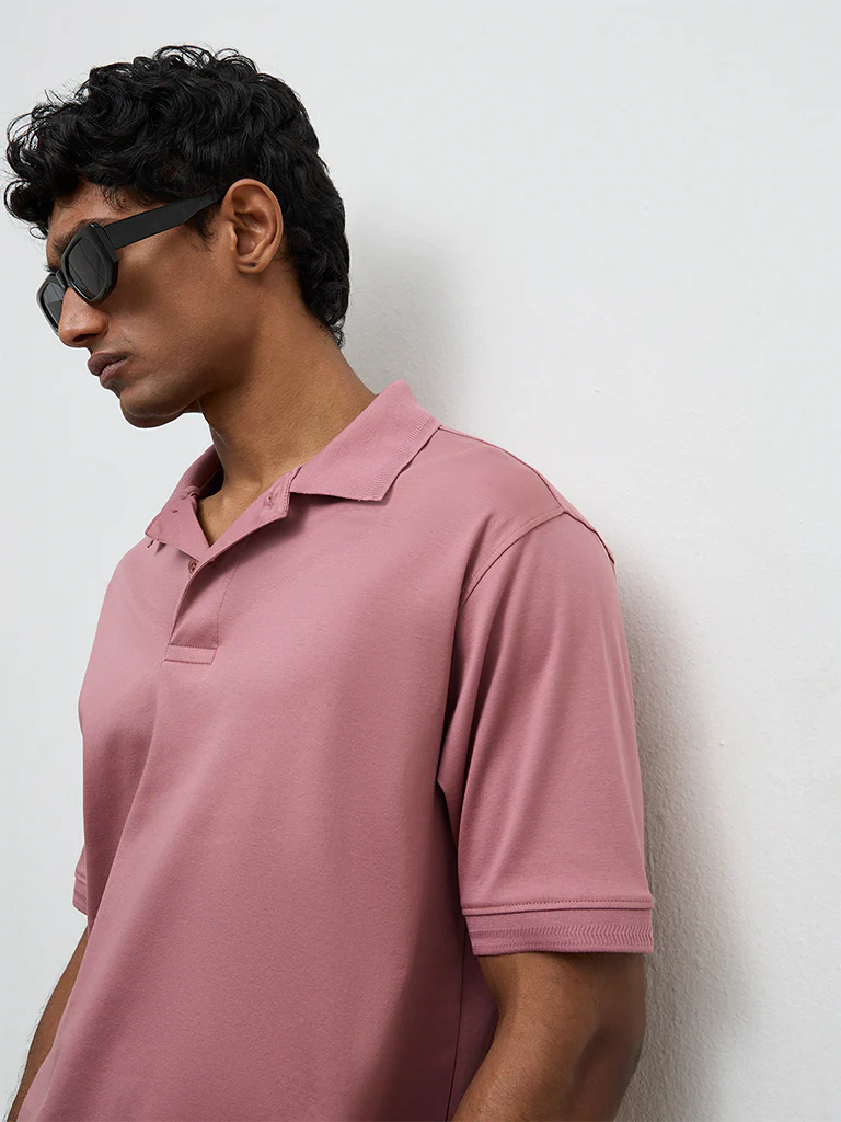 WES Casuals Mauve Relaxed-Fit Cotton Polo T-Shirt - Image 3