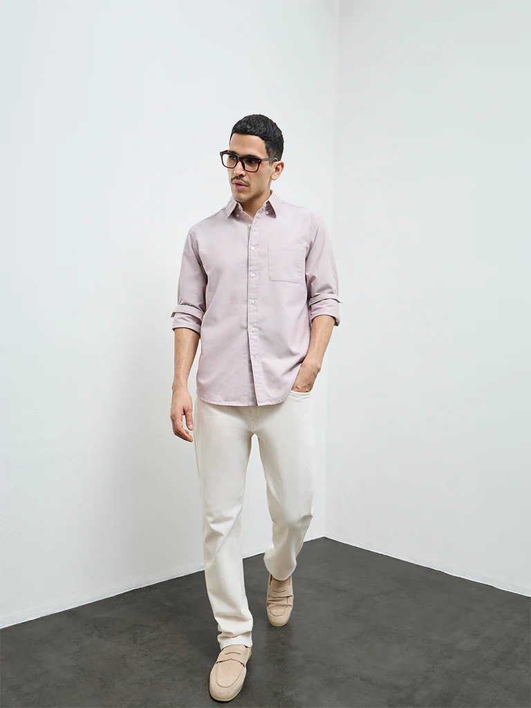WES Casuals Mauve Solid Relaxed-Fit Cotton Shirt - Image 3