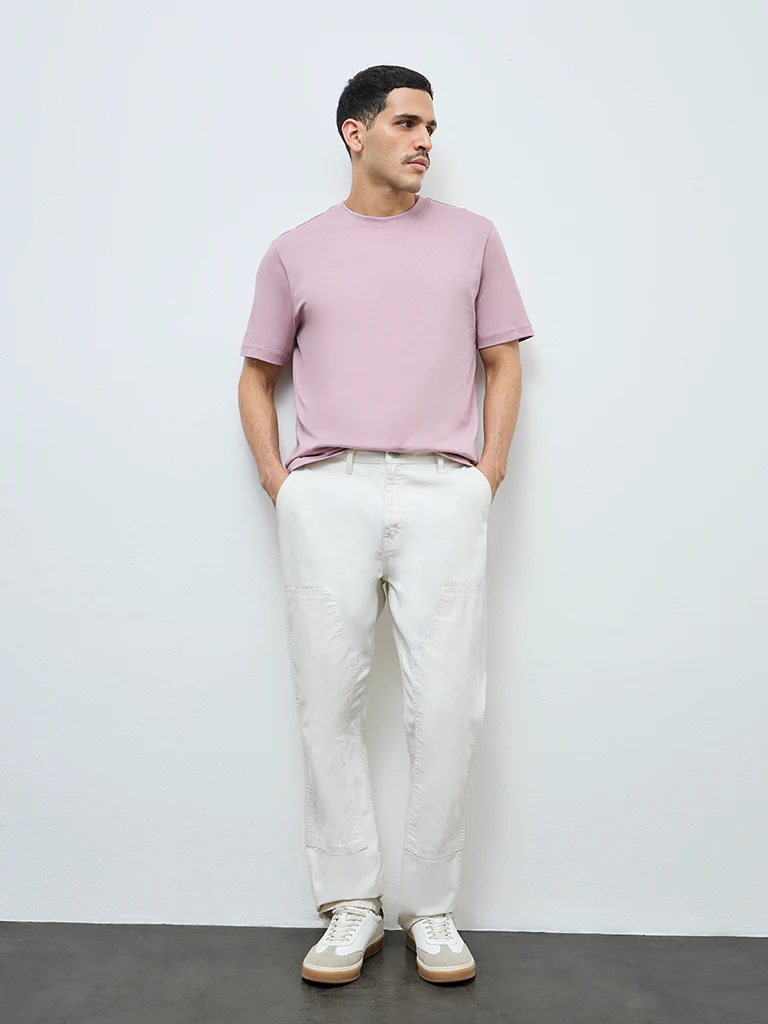 WES Casuals Mauve Solid Slim-Fit Cotton T-Shirt - Image 3