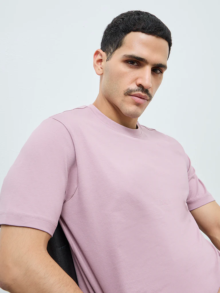 WES Casuals Mauve Solid Slim-Fit Cotton T-Shirt - Image 4