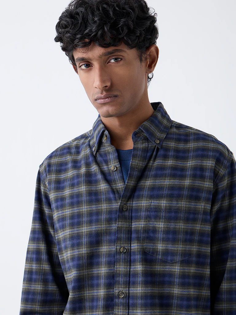 WES Casuals Navy Check Design Relaxed-Fit Cotton Shirt - Image 3