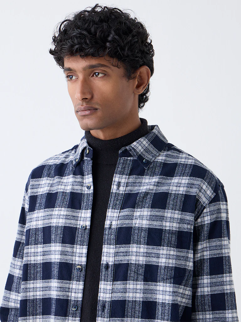 WES Casuals Navy Check Design Relaxed-Fit Cotton Shirt - Image 3