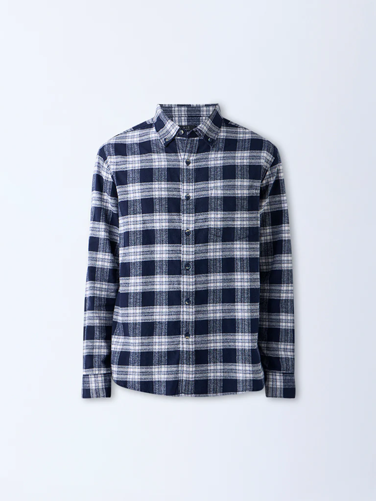 WES Casuals Navy Check Design Relaxed-Fit Cotton Shirt - Image 5