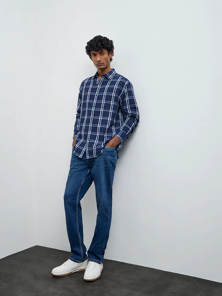 WES Casuals Navy Check Relaxed Fit Cotton-Blend Shirt - Image 2