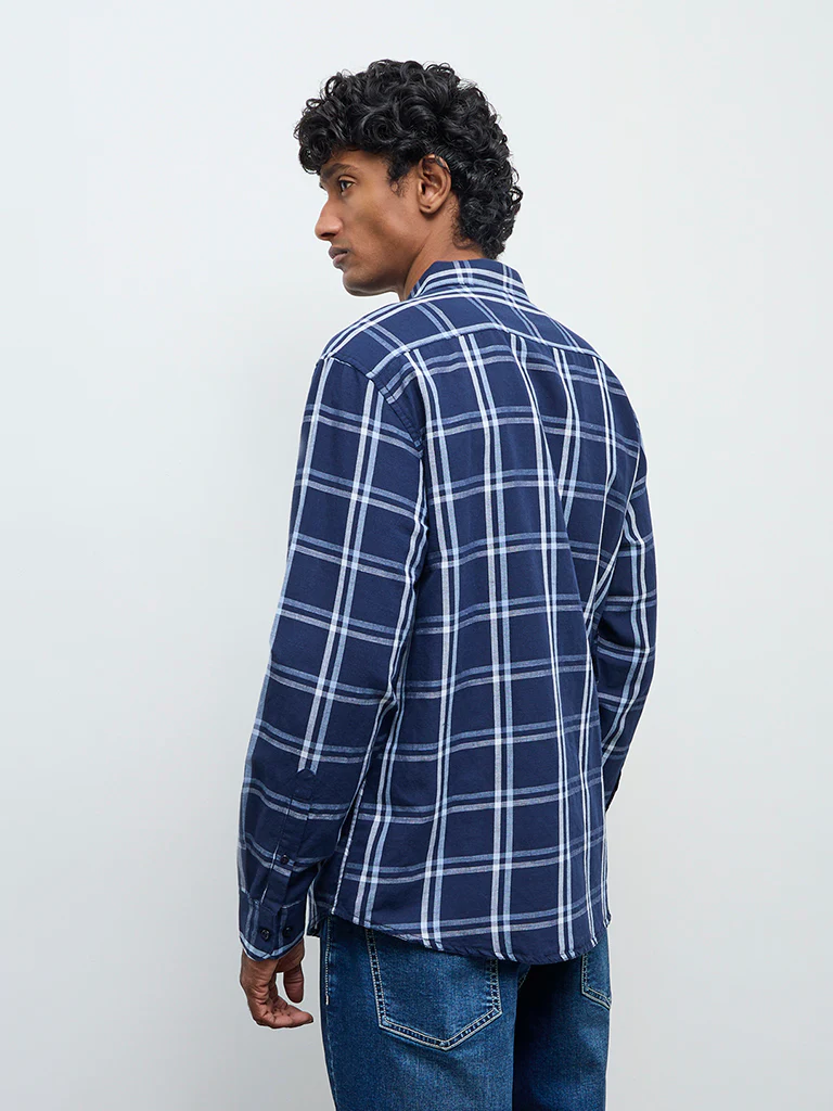 WES Casuals Navy Check Relaxed Fit Cotton-Blend Shirt - Image 4