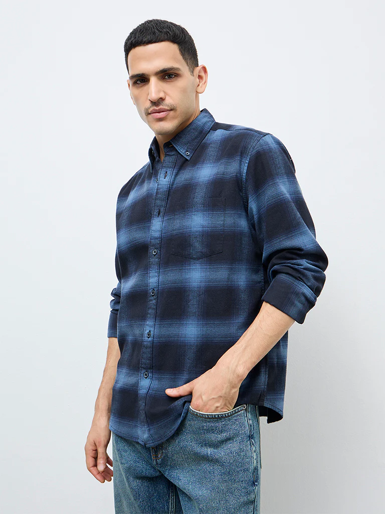 WES Casuals Navy Check Relaxed Fit Cotton Shirt - Image 2
