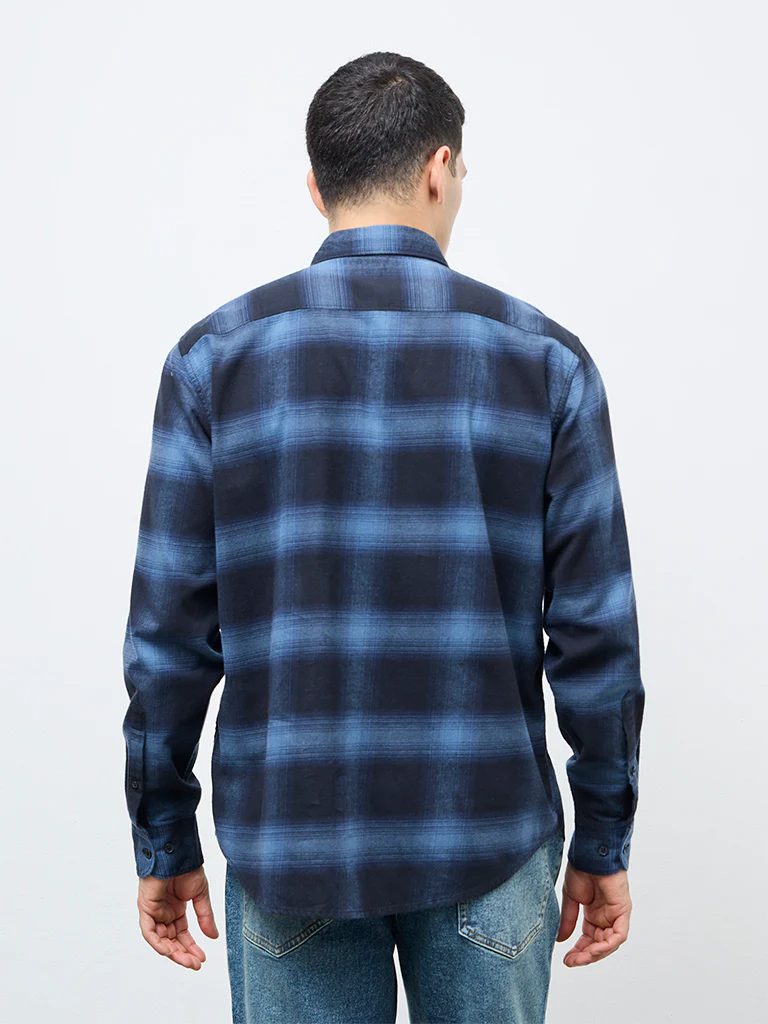 WES Casuals Navy Check Relaxed Fit Cotton Shirt - Image 4