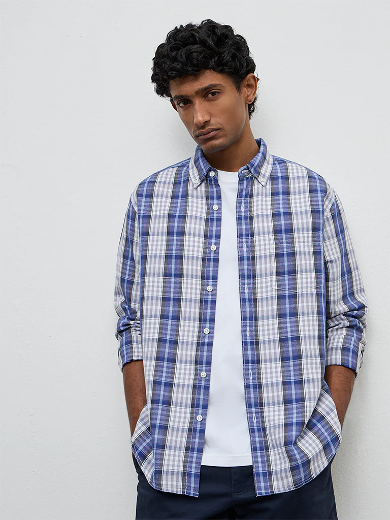 WES Casuals Navy Checkered Relaxed-Fit Cotton-Blend Shirt