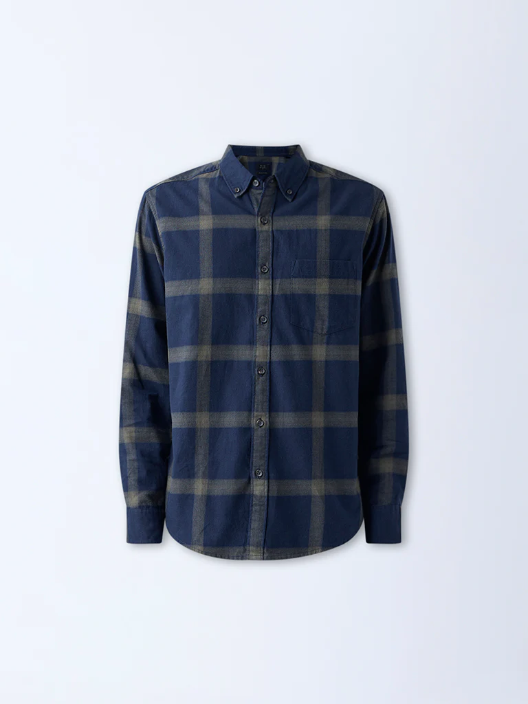 WES Casuals Navy Checkered Relaxed-Fit Cotton Shirt - Image 5