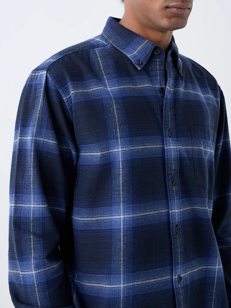 WES Casuals Navy Checkered Relaxed-Fit Cotton Shirt - Image 3