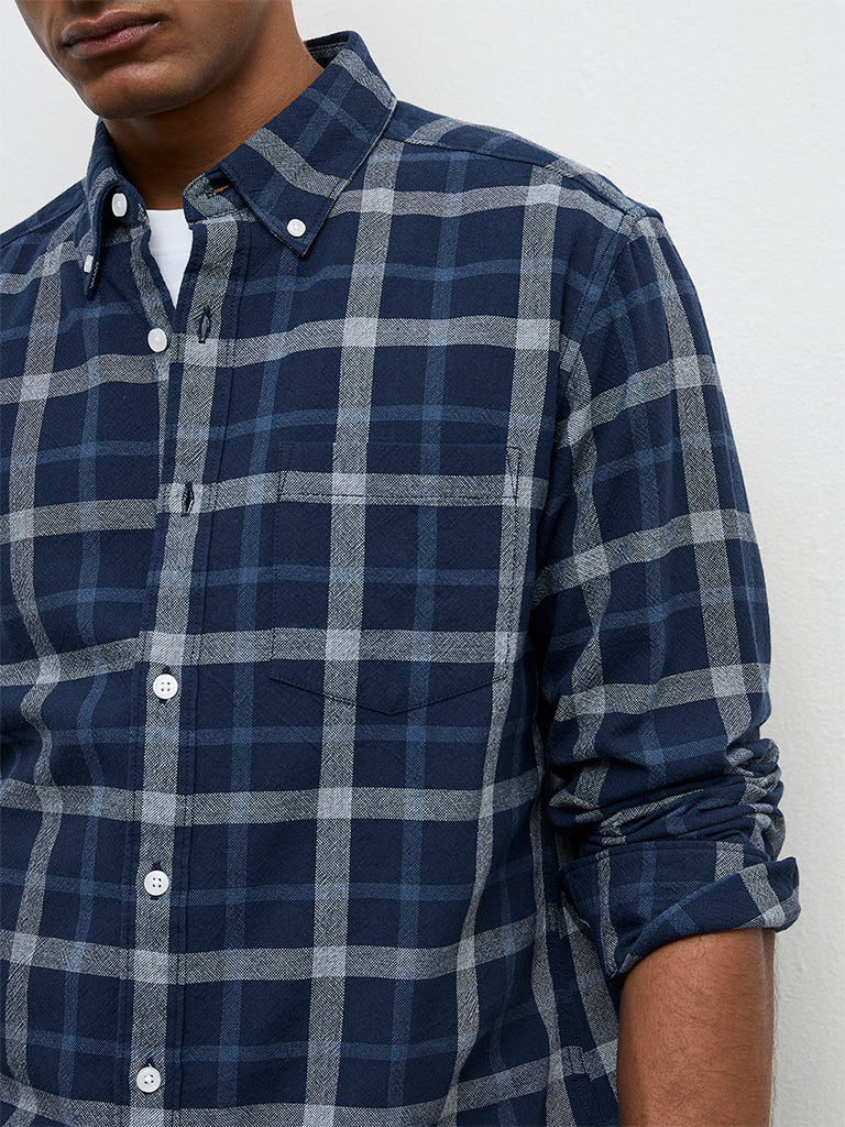 WES Casuals Navy Checkered Relaxed-Fit Cotton Shirt - Image 3