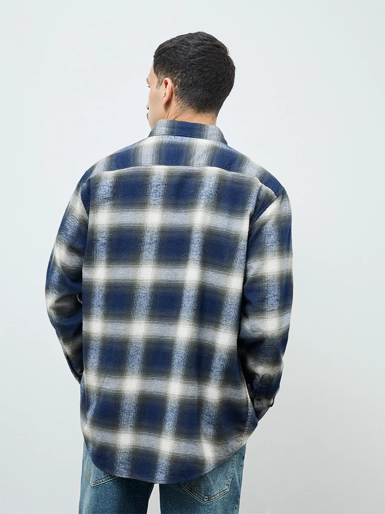 WES Casuals Navy Checks Design Relaxed-Fit Cotton Shirt - Image 4