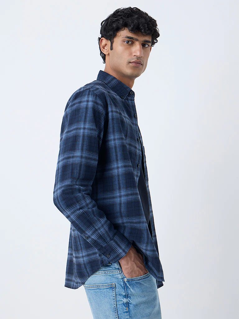 WES Casuals Navy Checks Pattern Relaxed-Fit Cotton Shirt - Image 2