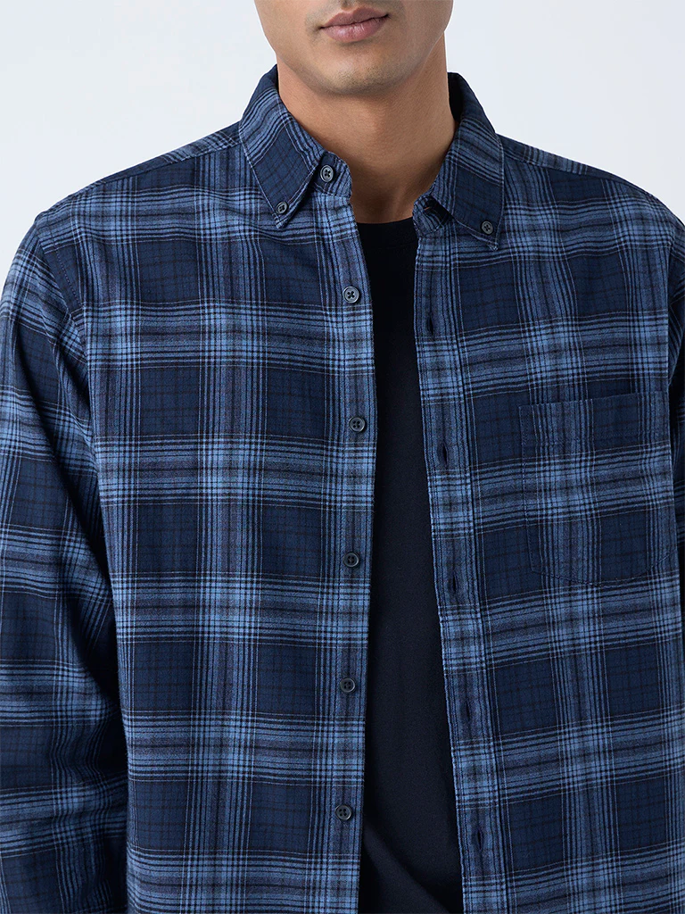 WES Casuals Navy Checks Pattern Relaxed-Fit Cotton Shirt - Image 3