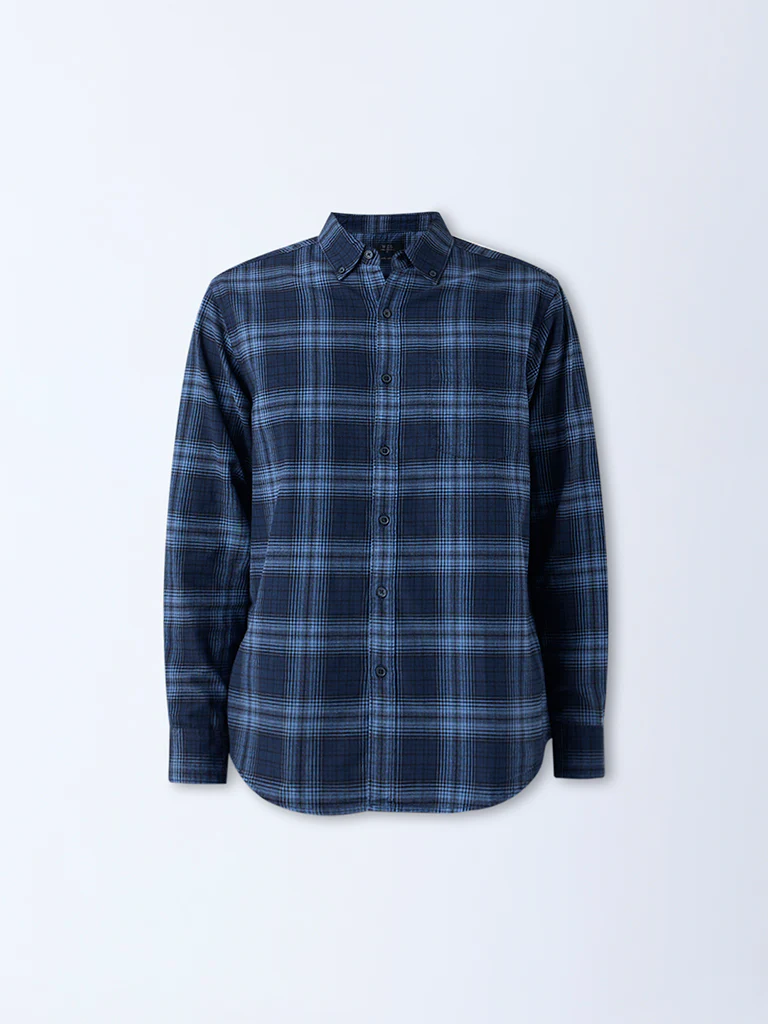 WES Casuals Navy Checks Pattern Relaxed-Fit Cotton Shirt - Image 5