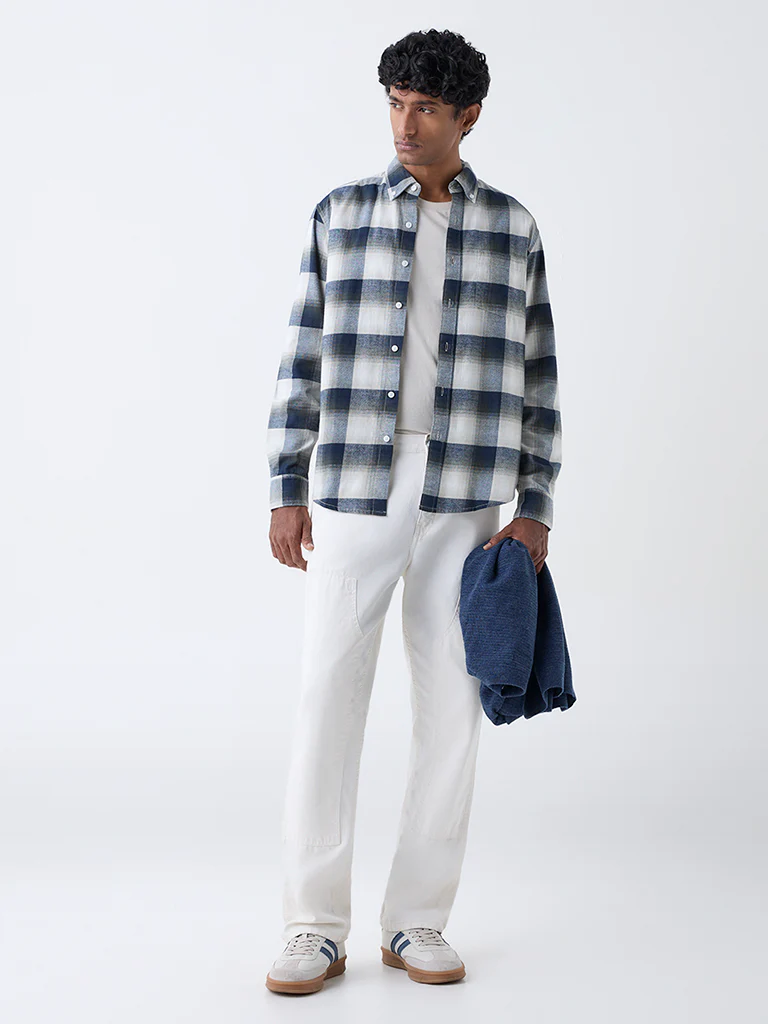 WES Casuals Navy Checks Pattern Relaxed-Fit Cotton Shirt - Image 2