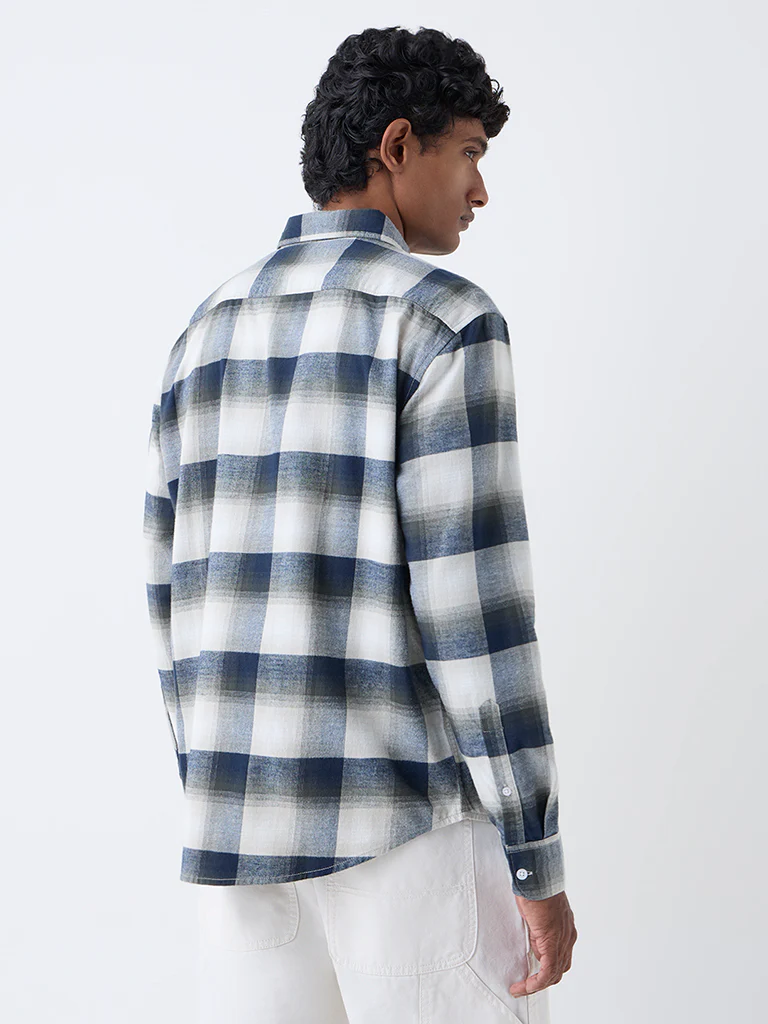 WES Casuals Navy Checks Pattern Relaxed-Fit Cotton Shirt - Image 4