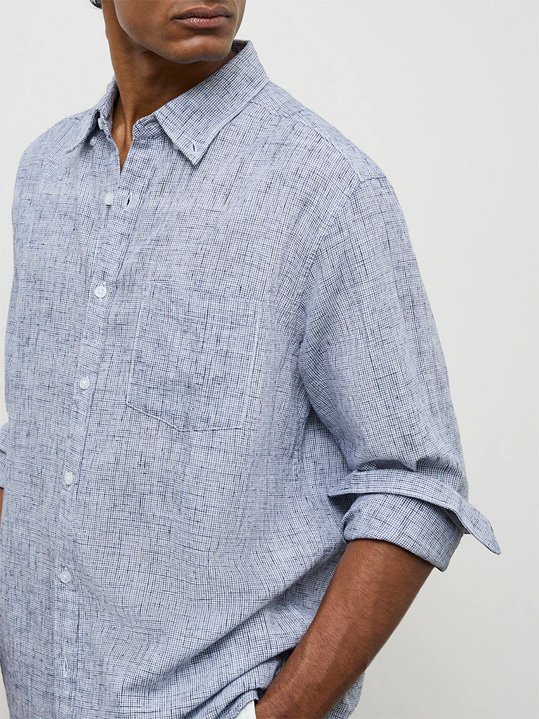 WES Casuals Navy Checks-Textured Relaxed-Fit Cotton-Blend Shirt - Image 3