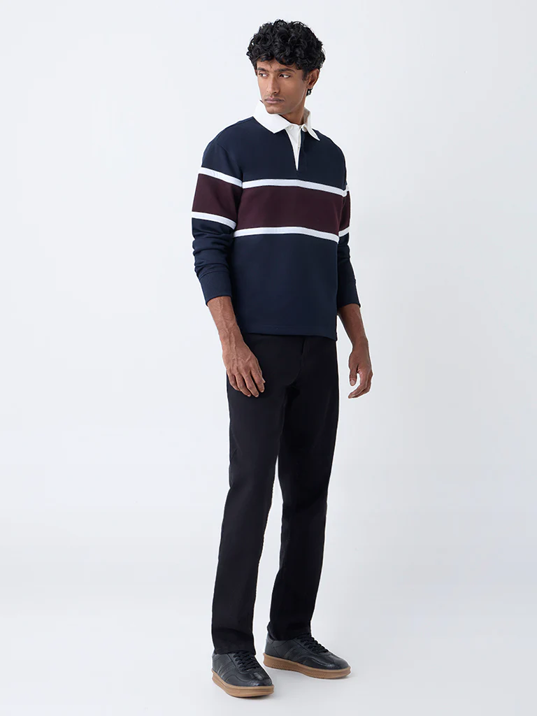 WES Casuals Navy Colour-Blocked Relaxed-Fit Polo T-Shirt - Image 3