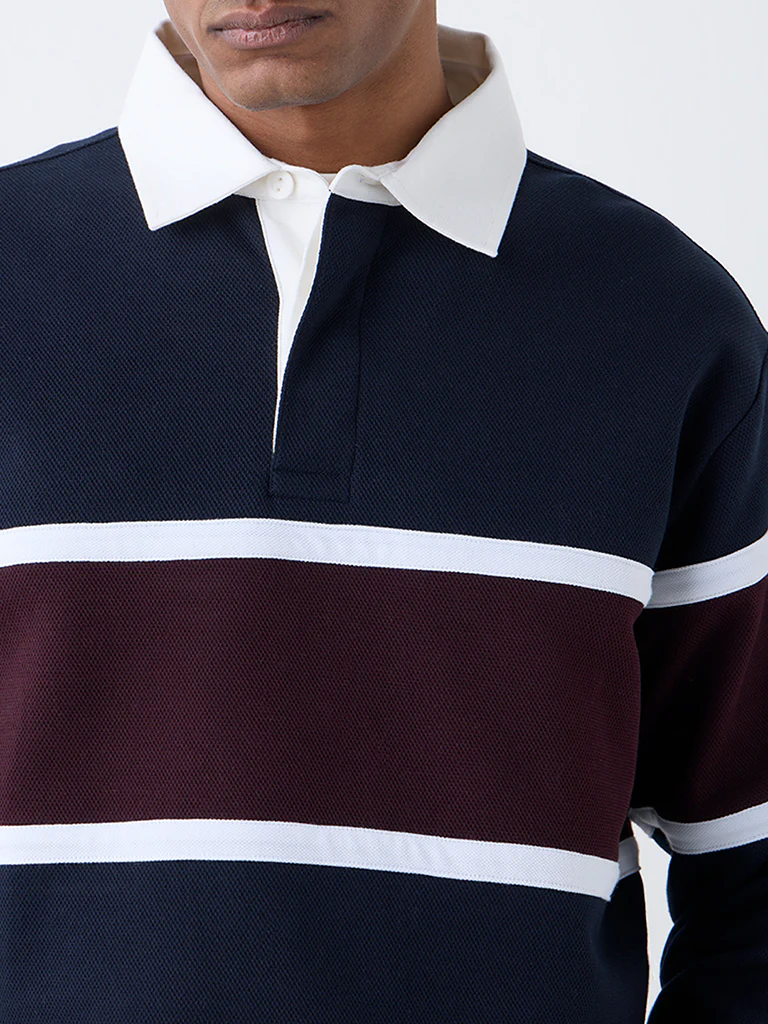 WES Casuals Navy Colour-Blocked Relaxed-Fit Polo T-Shirt - Image 4