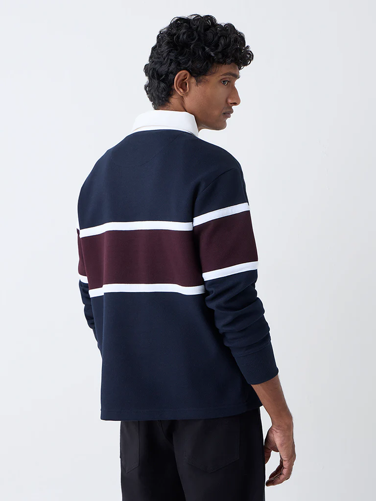 WES Casuals Navy Colour-Blocked Relaxed-Fit Polo T-Shirt - Image 5