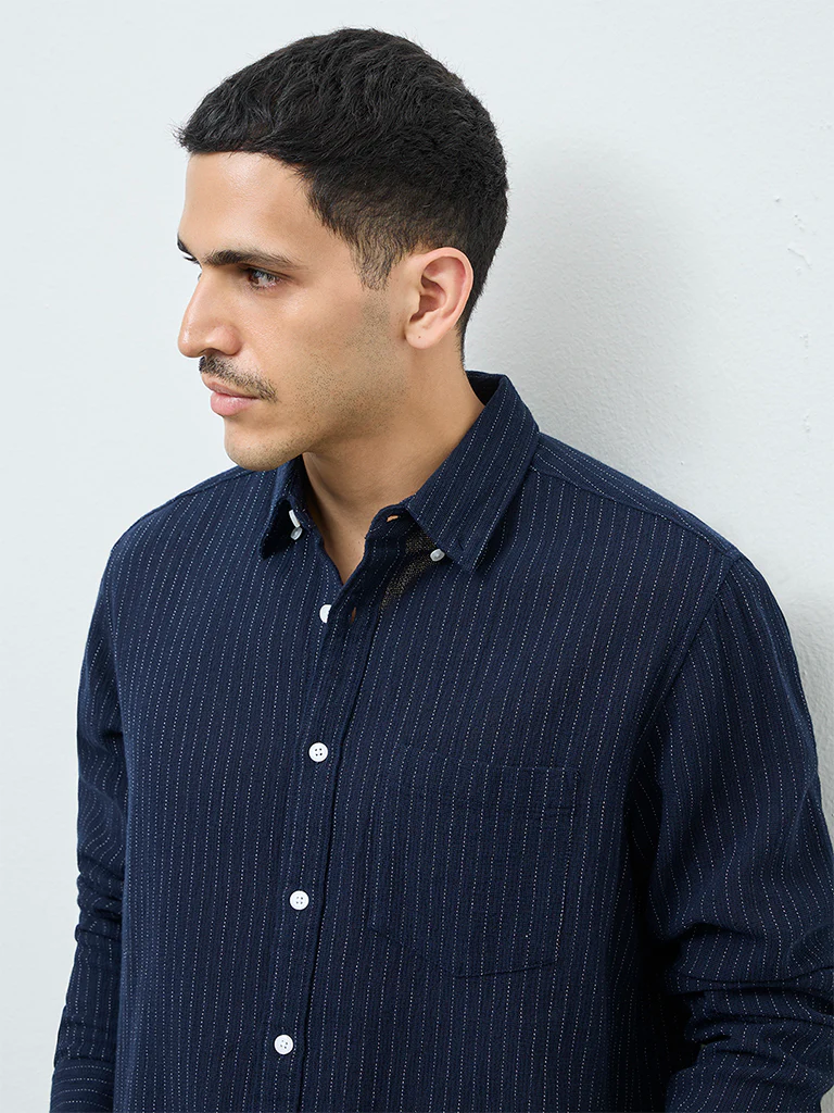WES Casuals Navy Pinstriped Relaxed-Fit Cotton Shirt - Image 3