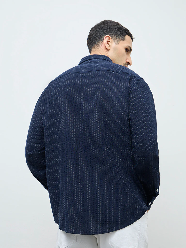 WES Casuals Navy Pinstriped Relaxed-Fit Cotton Shirt - Image 4